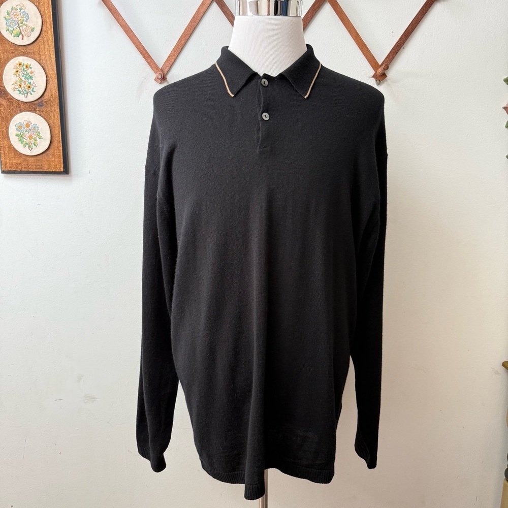 Gifford Fox Merino Wool Black Long Sleeve Polo Sweater Made In England